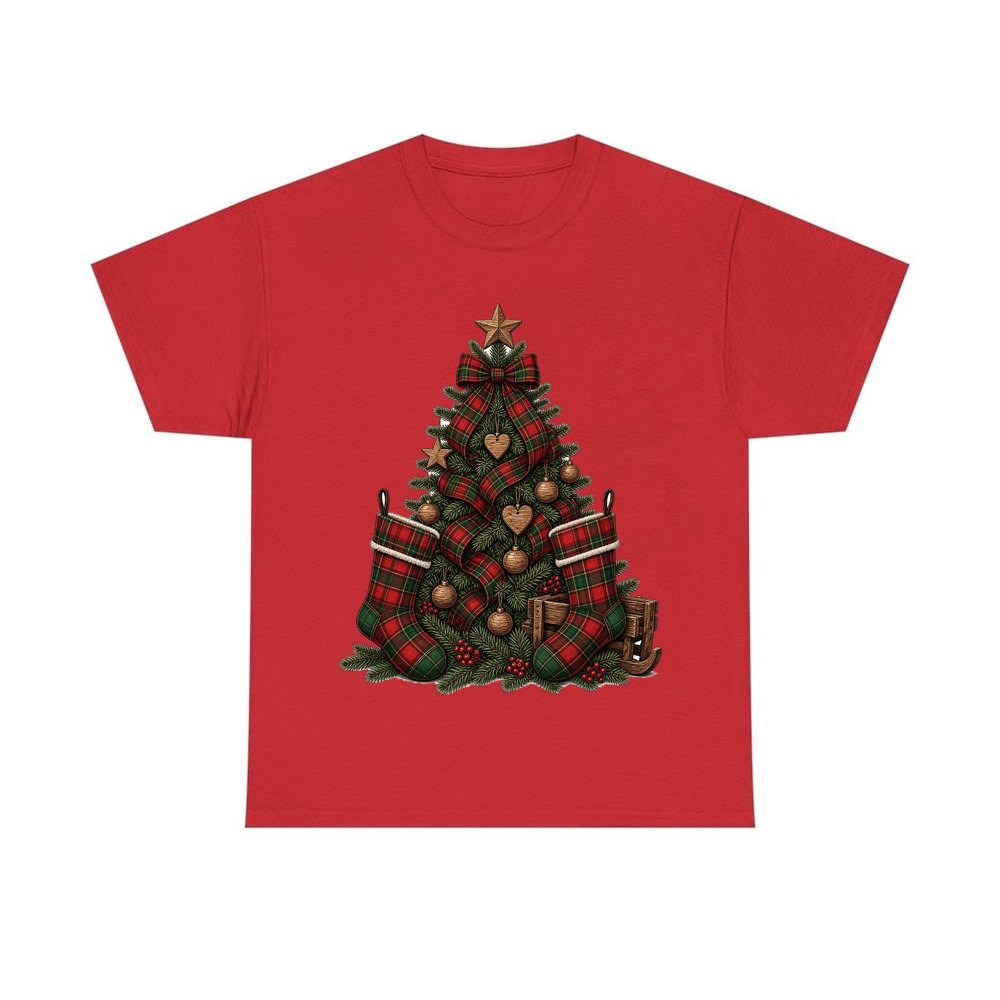 Tartan Plaid Christmas Tree personalised Christmas T-shirt in red