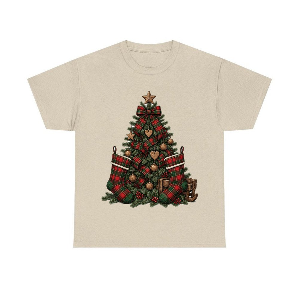 Tartan Plaid Christmas Tree personalised Christmas T-shirt in sand