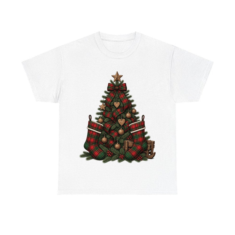 Tartan Plaid Christmas Tree design on a white tee