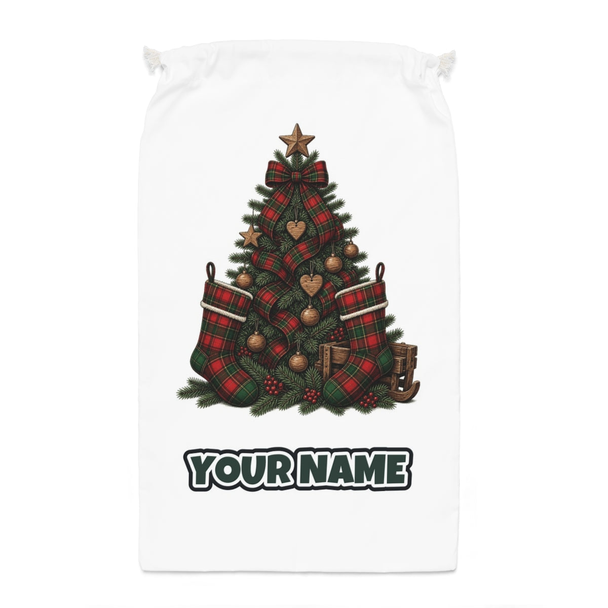 Tartan Plaid Christmas Tree Santa sack laid flat, showing the full print