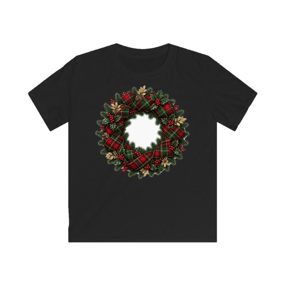 Tartan Ribbon Christmas Wreath personalised kids Christmas tee in black