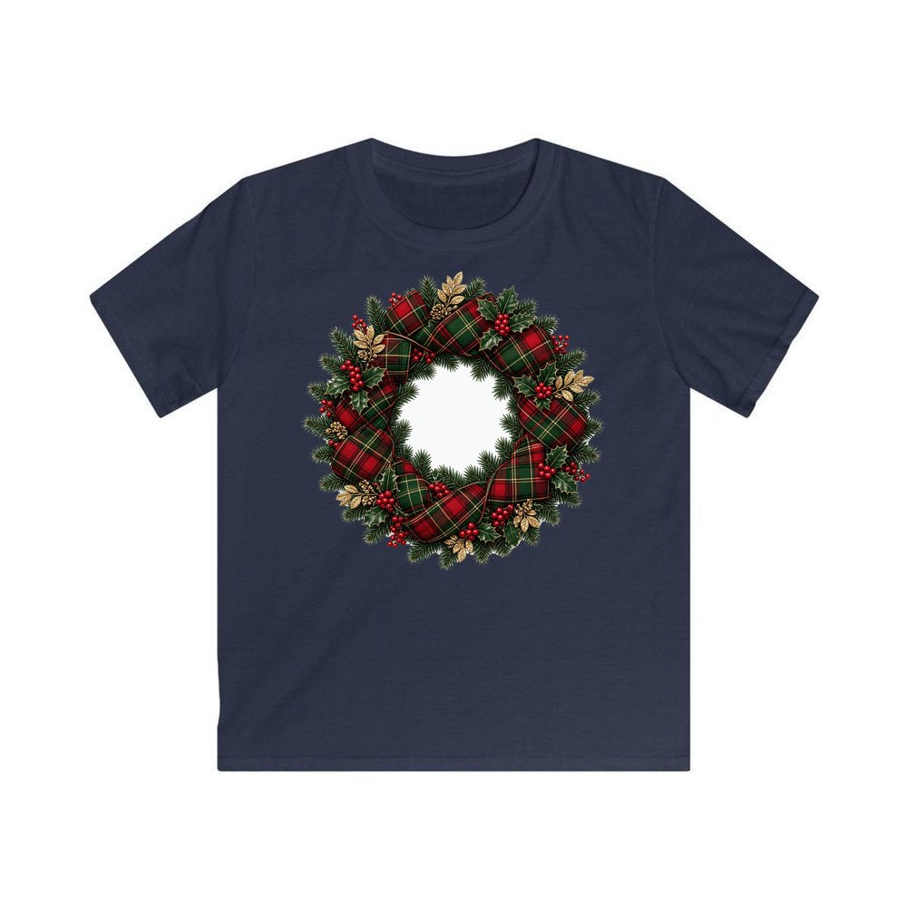 Tartan Ribbon Christmas Wreath personalised kids Christmas tee in navy