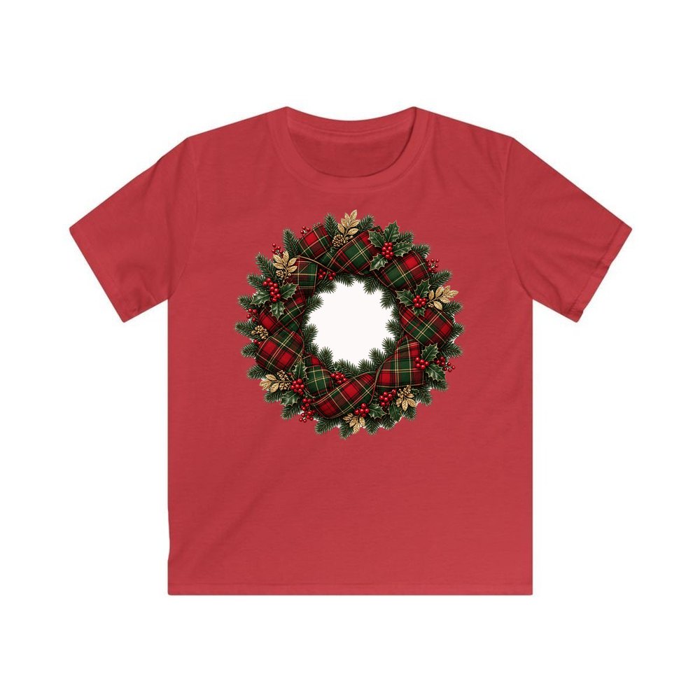 Tartan Ribbon Christmas Wreath personalised kids Christmas tee in red