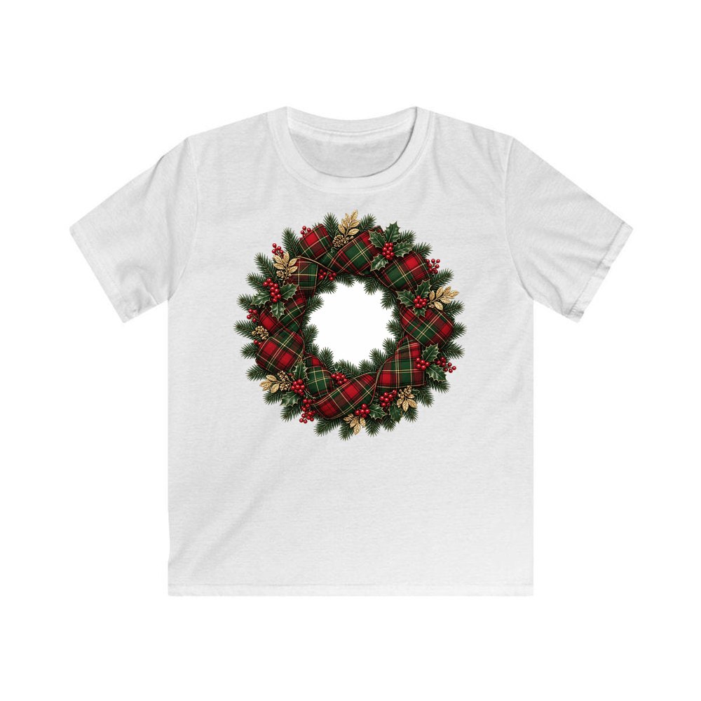 Tartan Ribbon Christmas Wreath personalised kids Christmas tee in white