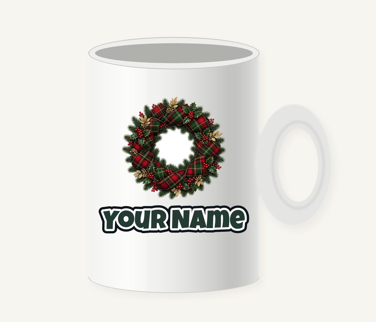 Tartan Ribbon Christmas Wreath Personalised Christmas Mug
