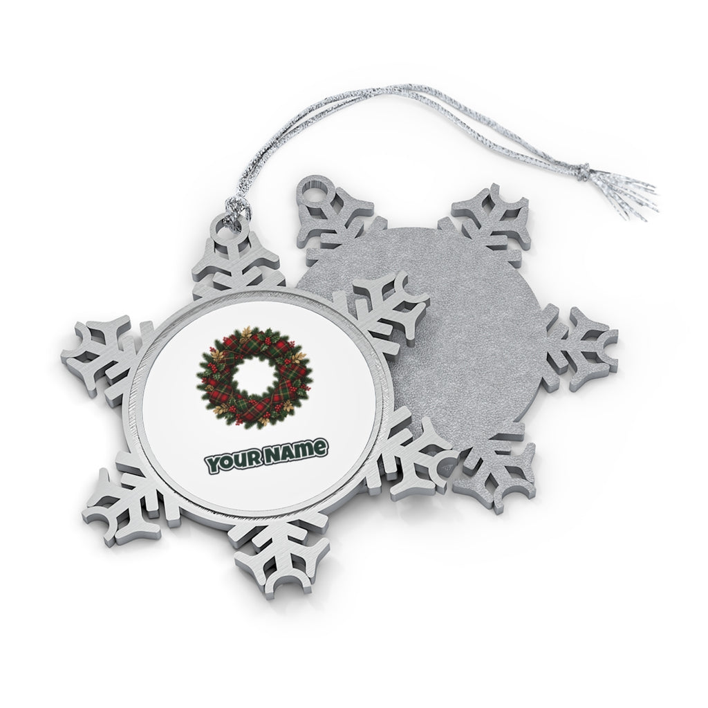 Tartan Ribbon Christmas Wreath Personalised Pewter Christmas Ornament