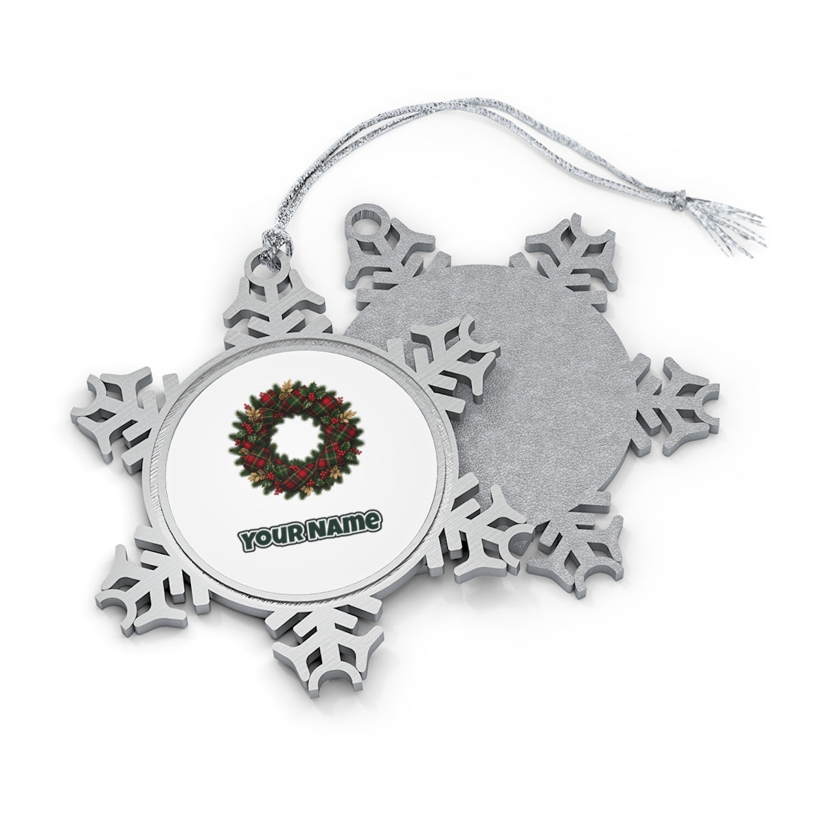 Tartan Ribbon Christmas Wreath Personalised Pewter Christmas Ornament