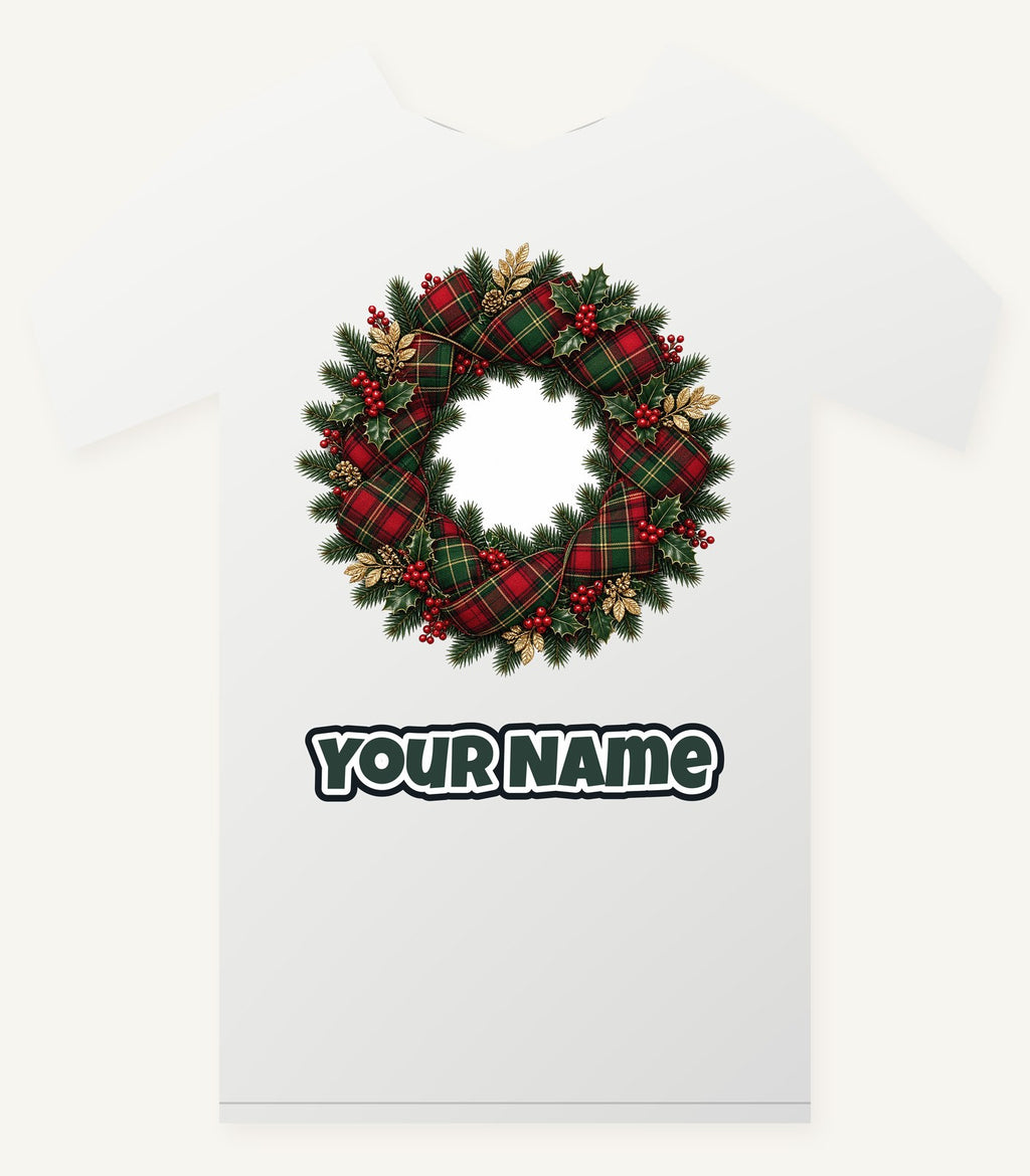 Tartan Ribbon Christmas Wreath Personalised Christmas T-Shirt and Hoodie