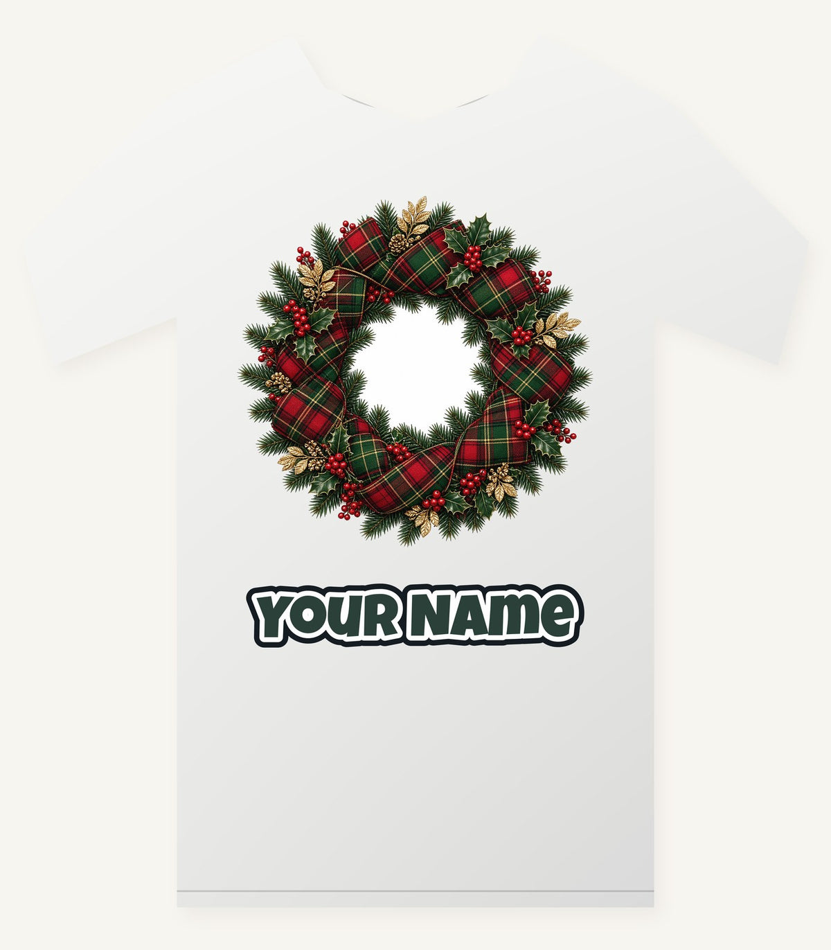 Tartan Ribbon Christmas Wreath Personalised Christmas T-Shirt and Hoodie