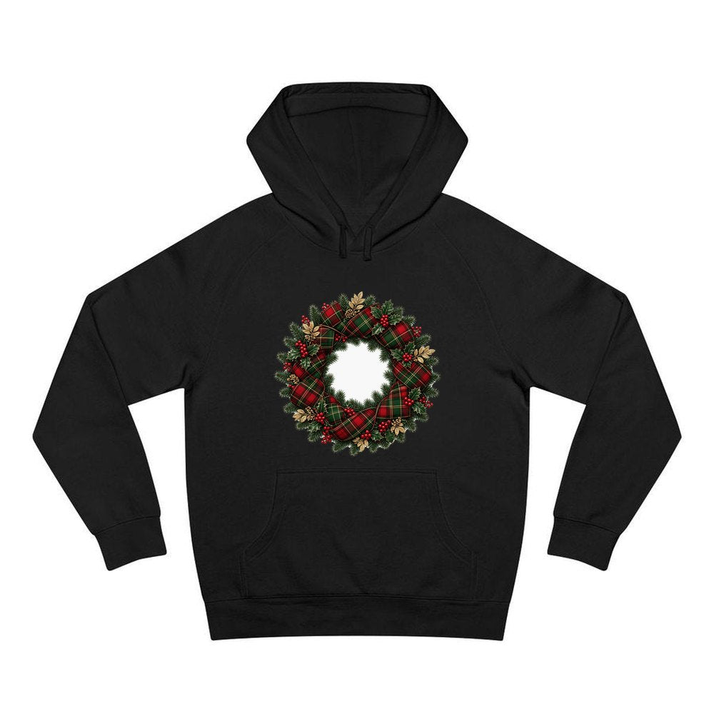 Tartan Ribbon Christmas Wreath personalised Christmas hoodie in black