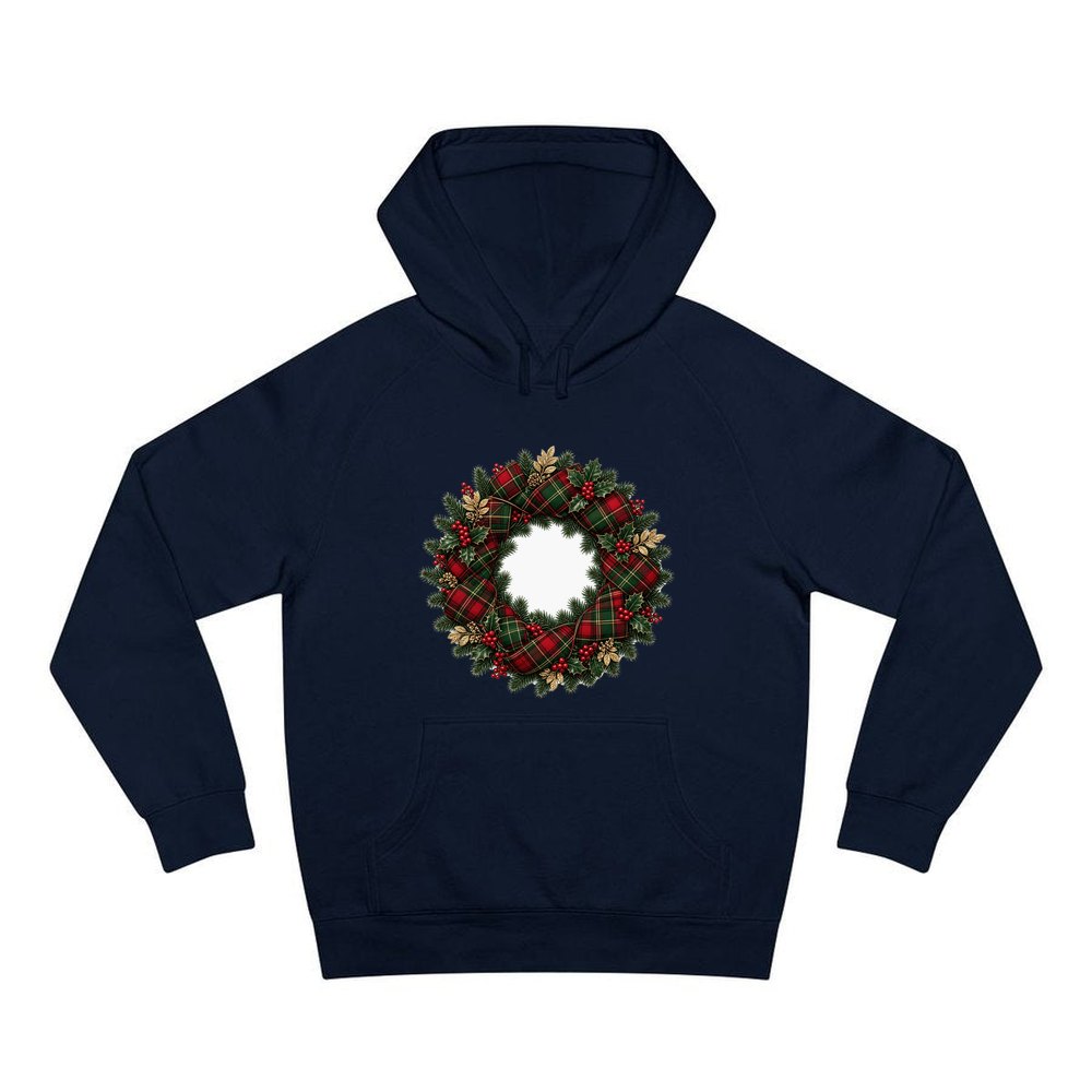 Tartan Ribbon Christmas Wreath personalised Christmas hoodie in navy