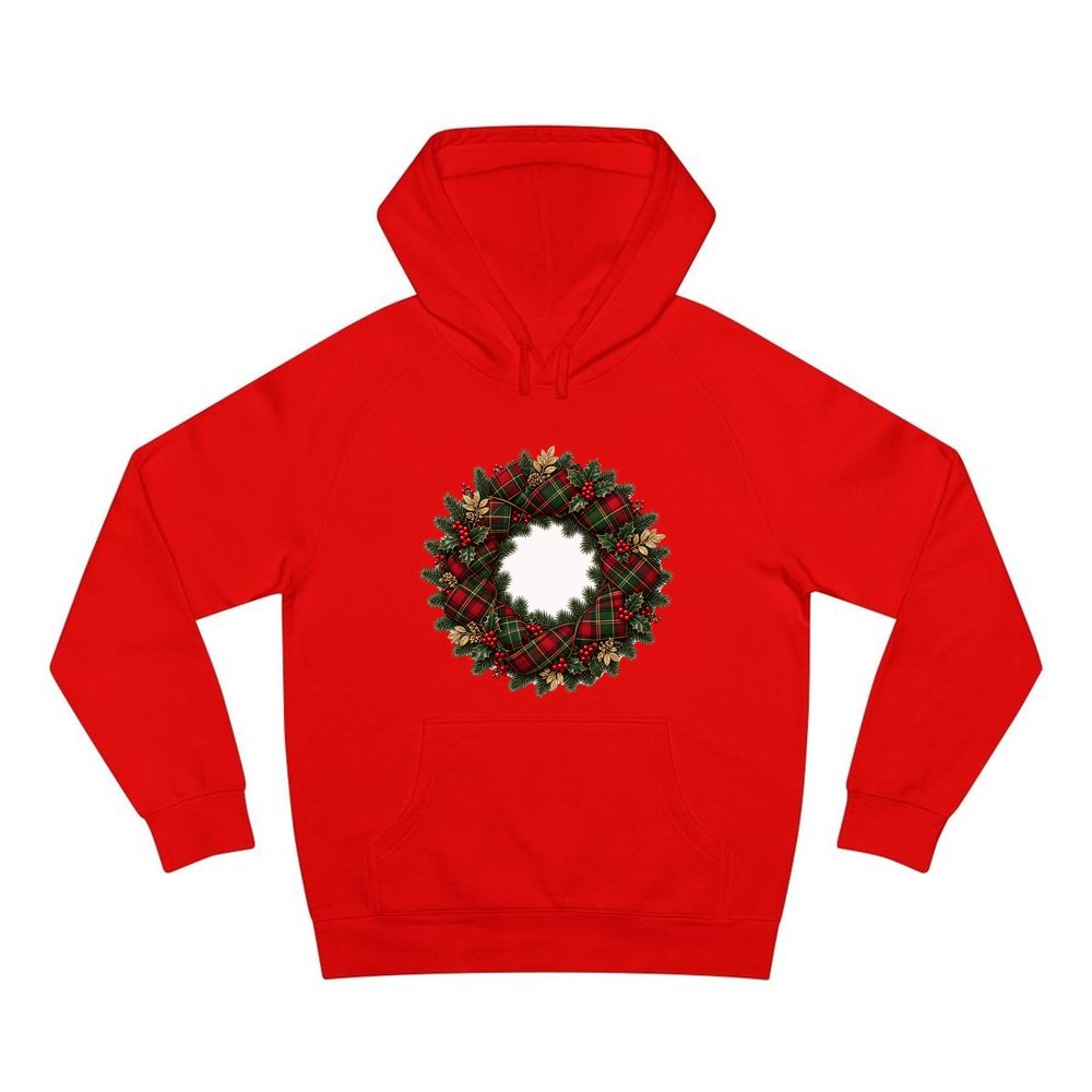 Tartan Ribbon Christmas Wreath personalised Christmas hoodie in red