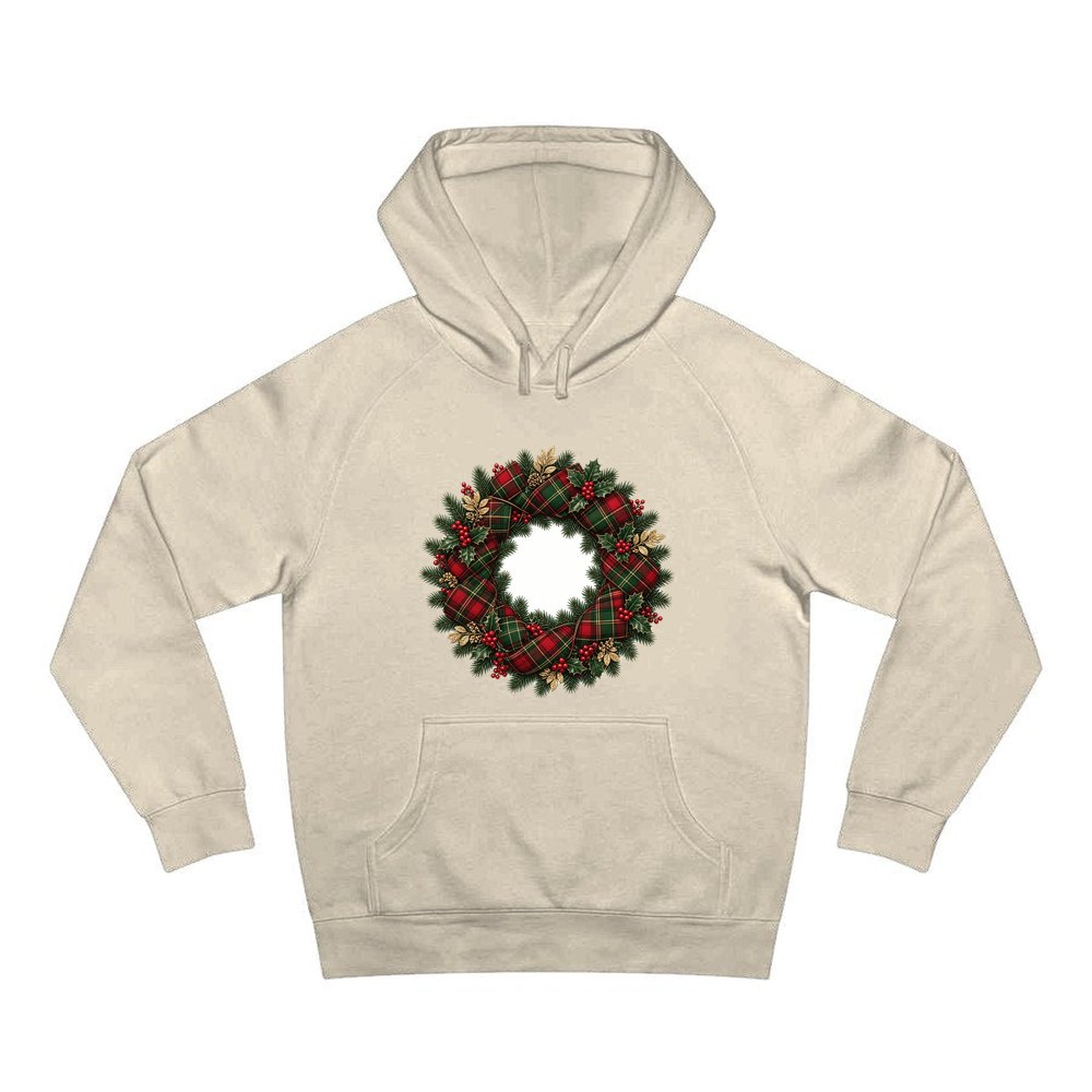 Tartan Ribbon Christmas Wreath personalised Christmas hoodie in sand