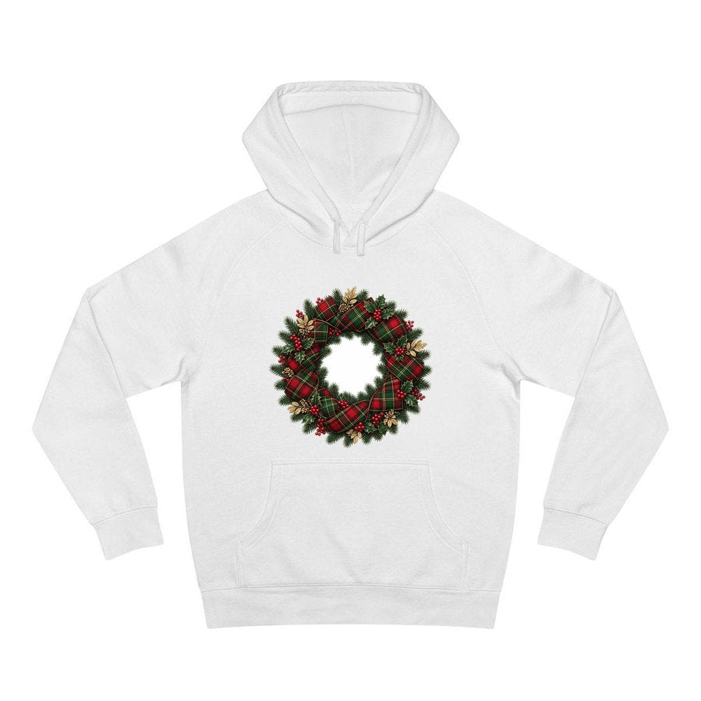 Tartan Ribbon Christmas Wreath personalised Christmas hoodie in white