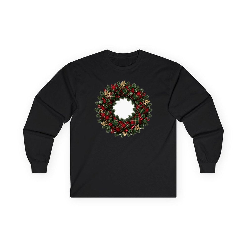 Tartan Ribbon Christmas Wreath personalised long sleeve Christmas T-shirt in black