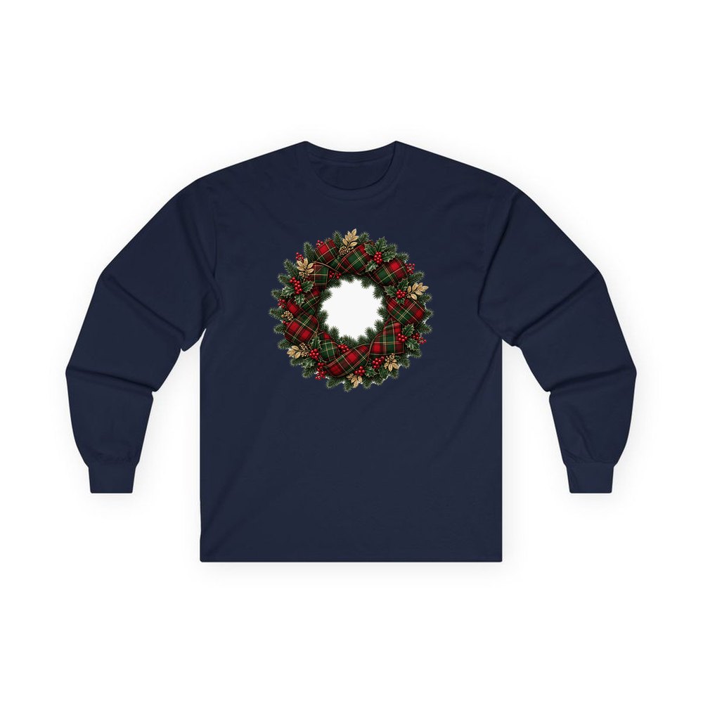 Tartan Ribbon Christmas Wreath personalised long sleeve Christmas T-shirt in navy
