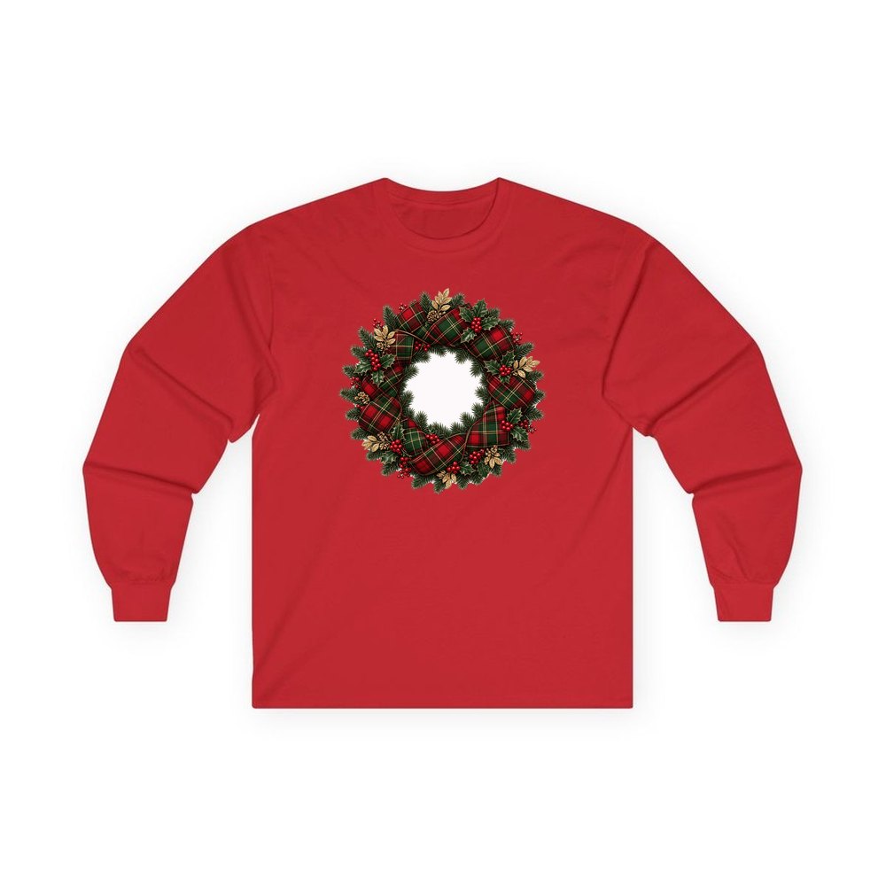 Tartan Ribbon Christmas Wreath personalised long sleeve Christmas T-shirt in red