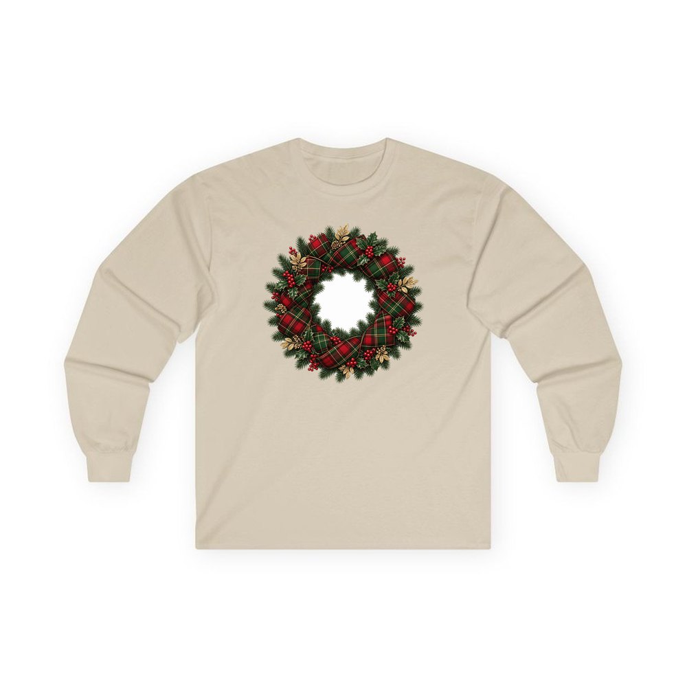 Tartan Ribbon Christmas Wreath personalised long sleeve Christmas T-shirt in sand