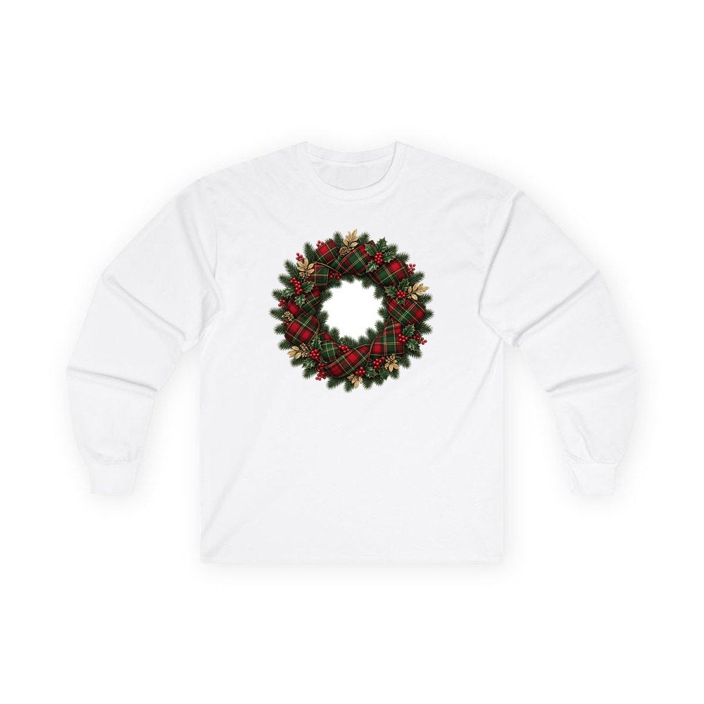 Tartan Ribbon Christmas Wreath personalised long sleeve Christmas T-shirt in white
