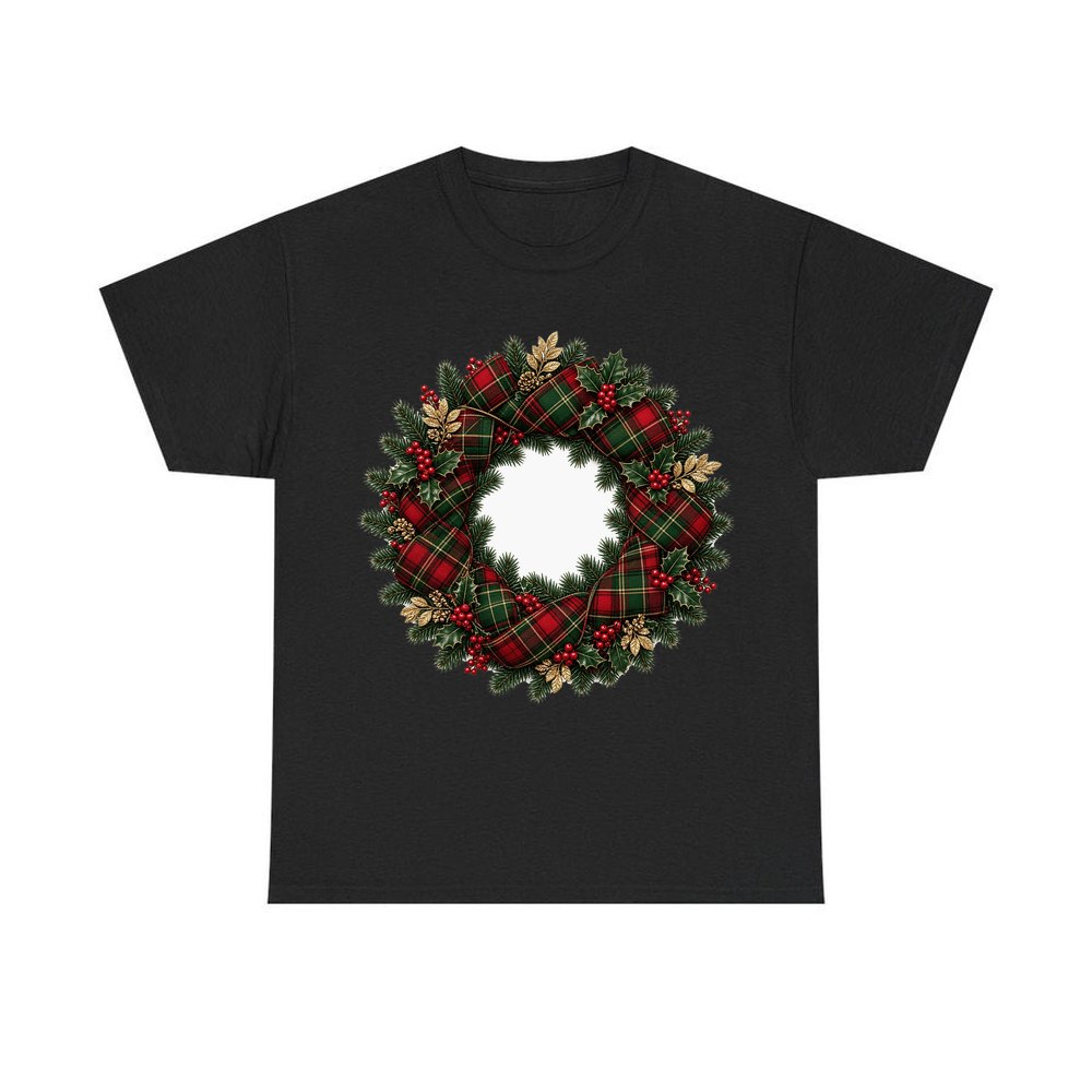 Tartan Ribbon Christmas Wreath personalised Christmas T-shirt in black