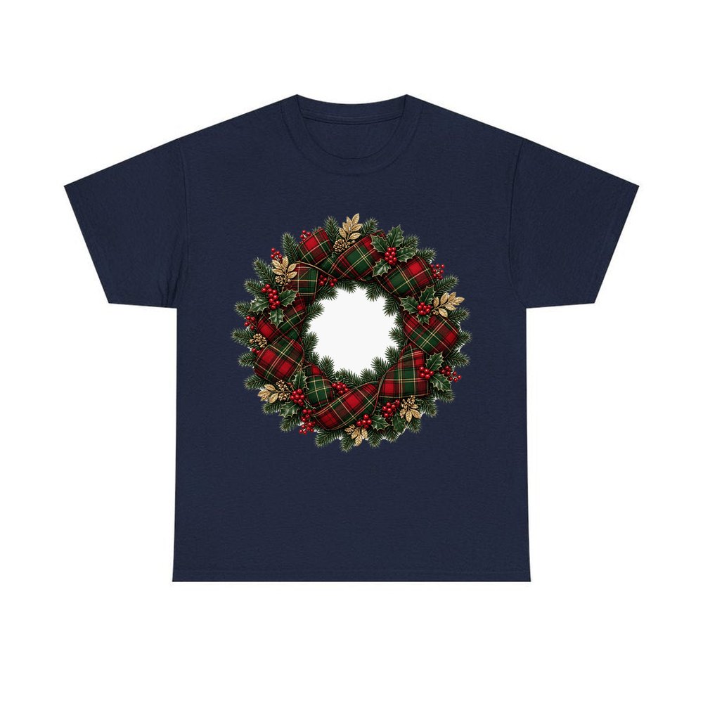 Tartan Ribbon Christmas Wreath personalised Christmas T-shirt in navy