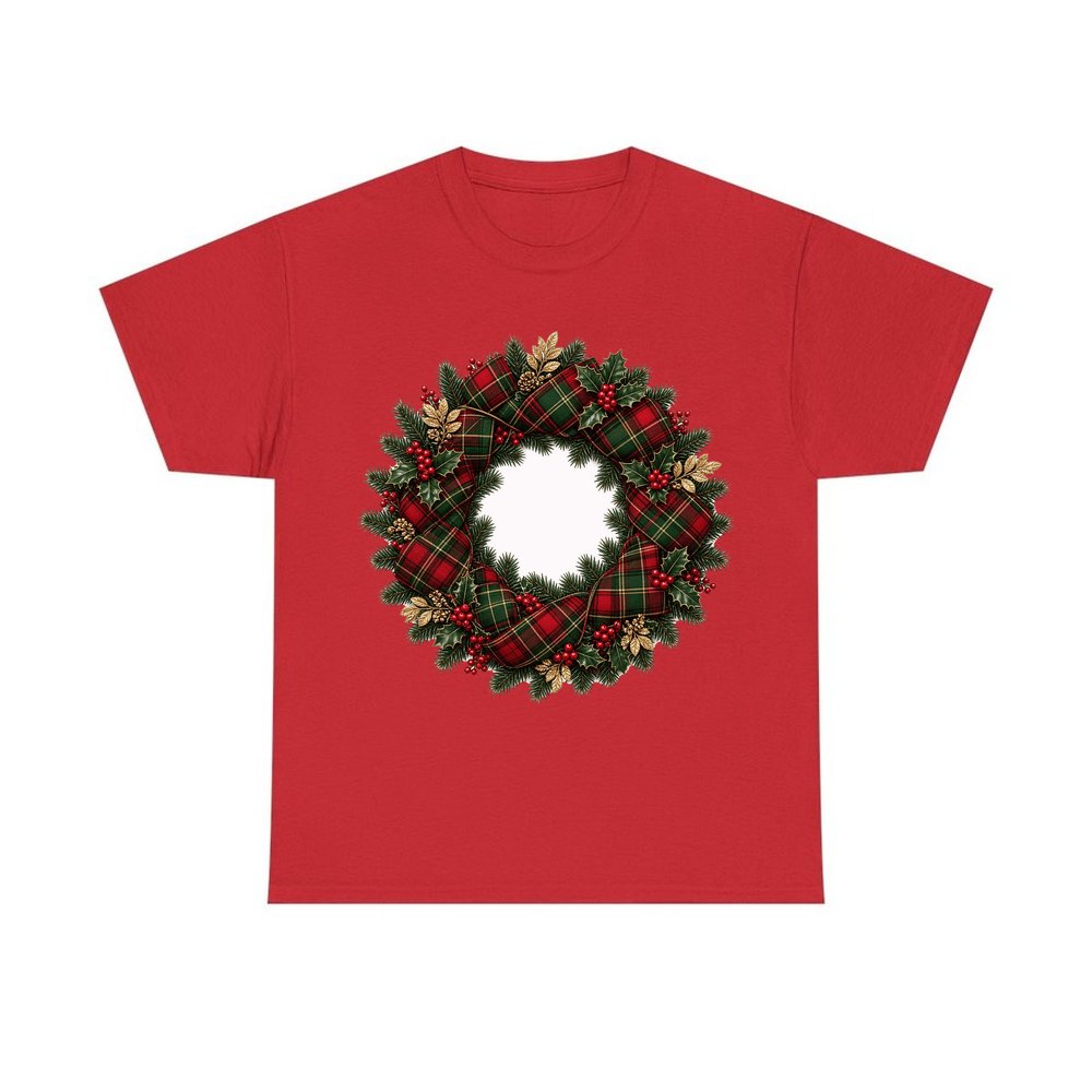 Tartan Ribbon Christmas Wreath personalised Christmas T-shirt in red