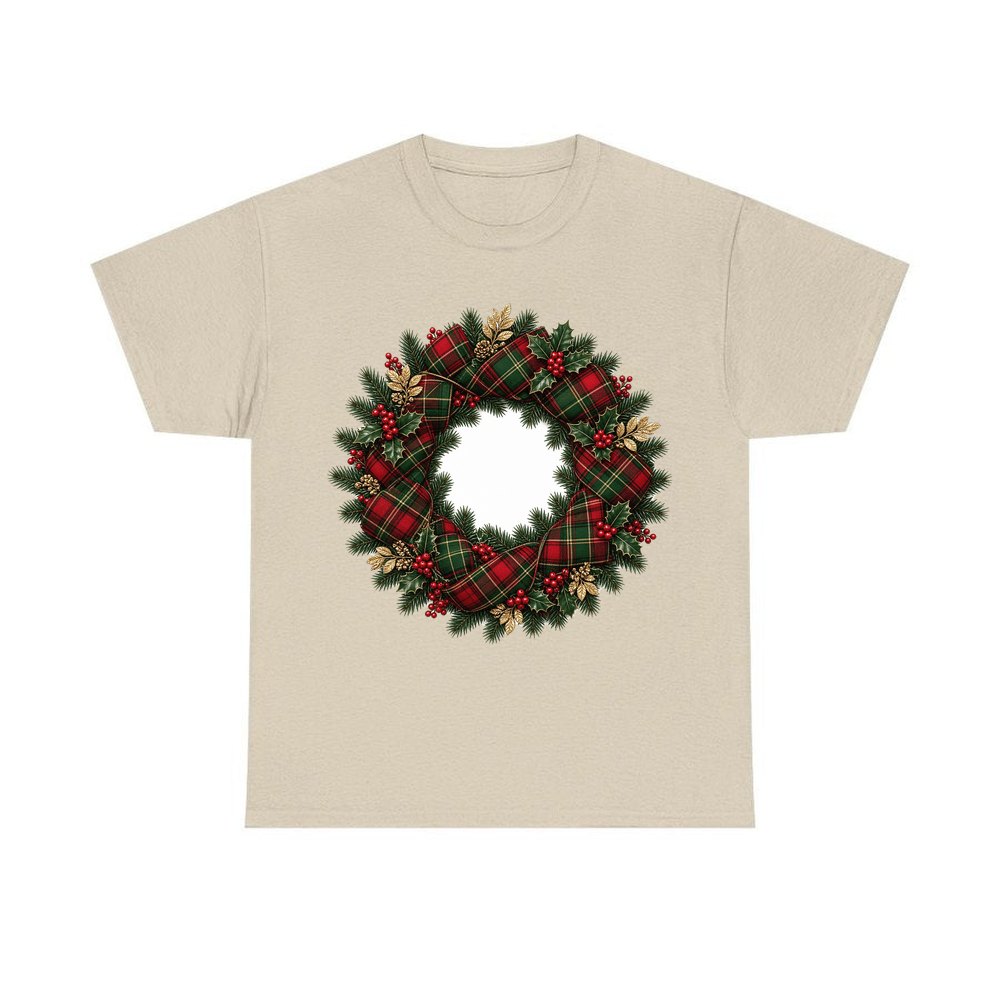 Tartan Ribbon Christmas Wreath personalised Christmas T-shirt in sand