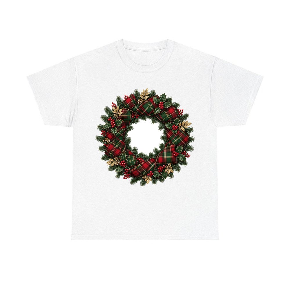 Tartan Ribbon Christmas Wreath personalised Christmas T-shirt in white