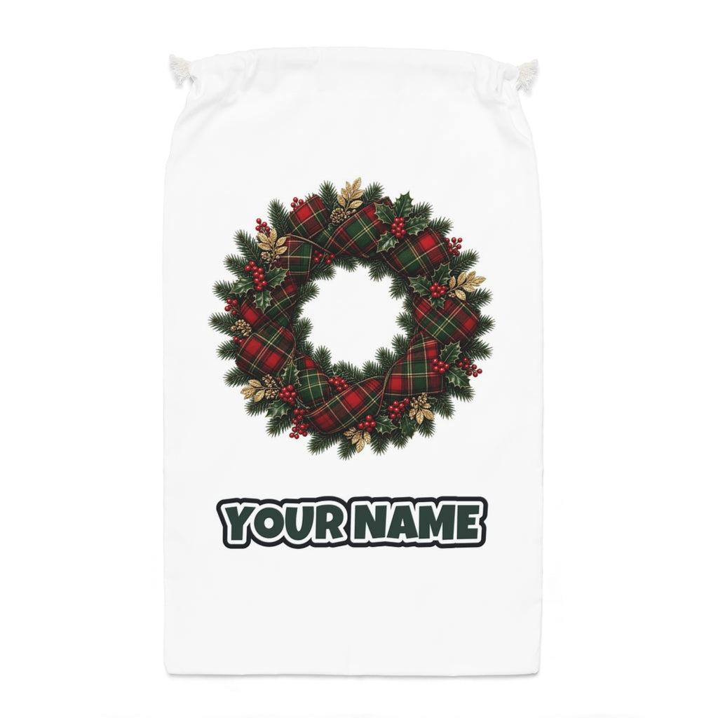 Tartan Ribbon Christmas Wreath Santa sack laid flat, showing the full print