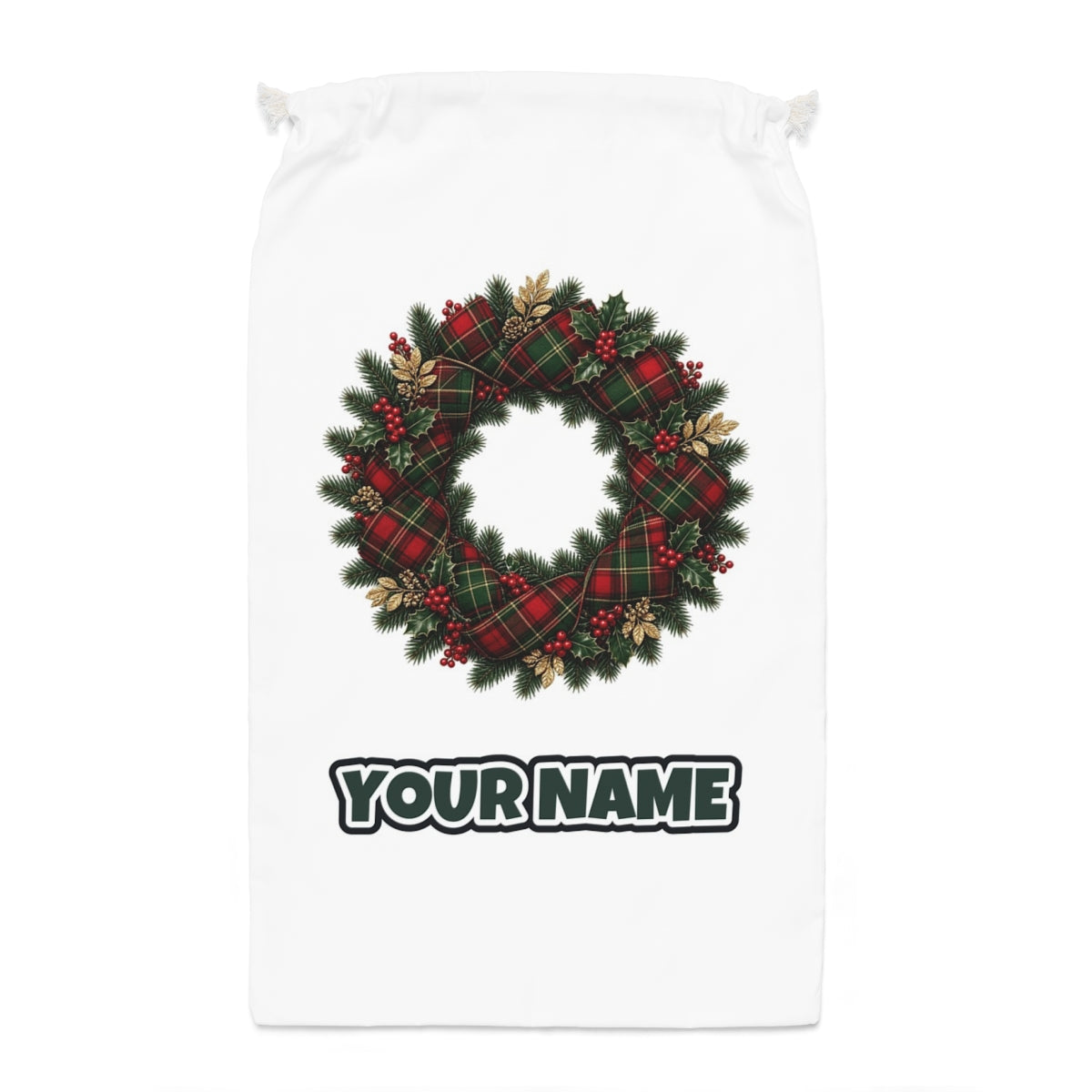 Tartan Ribbon Christmas Wreath Santa sack laid flat, showing the full print
