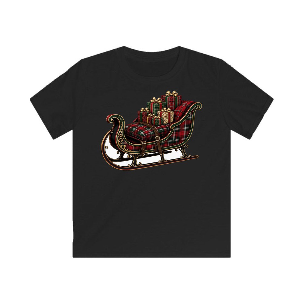 Tartan Sleigh and Gifts personalised kids Christmas tee in black