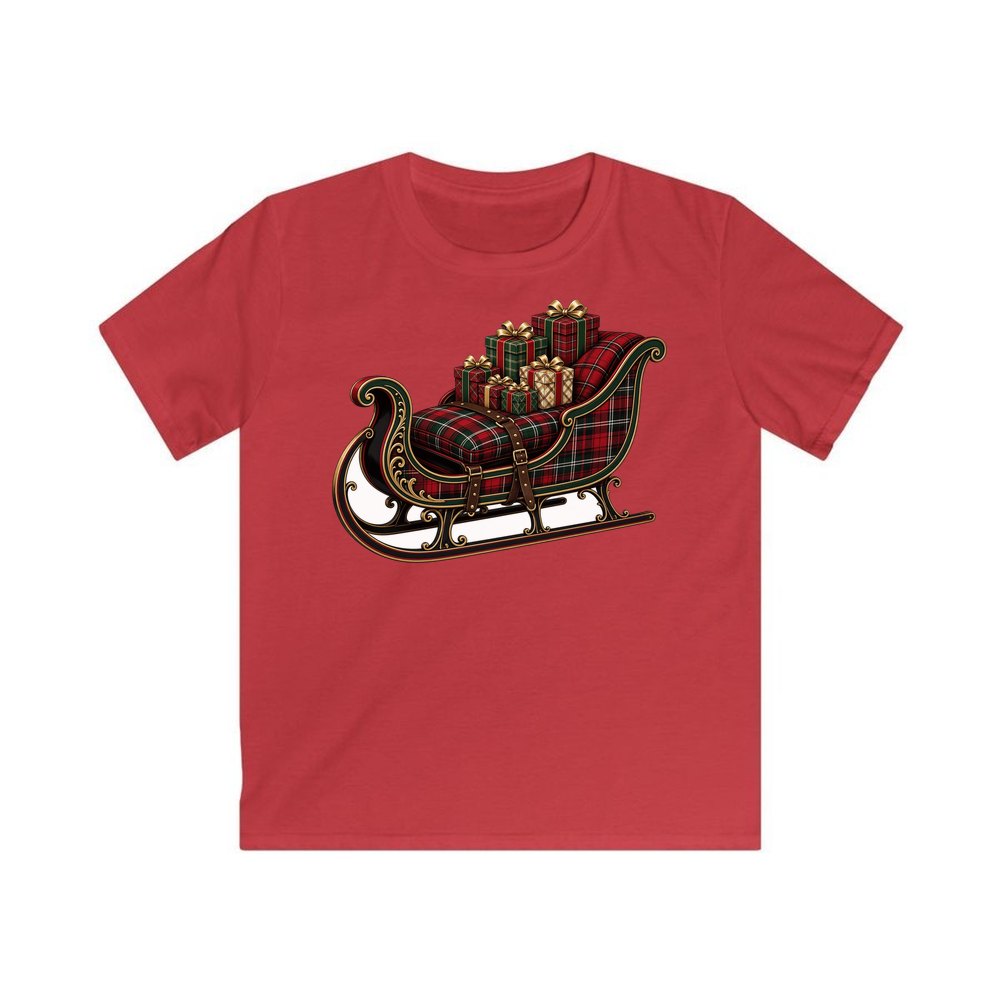 Tartan Sleigh and Gifts personalised kids Christmas tee in red