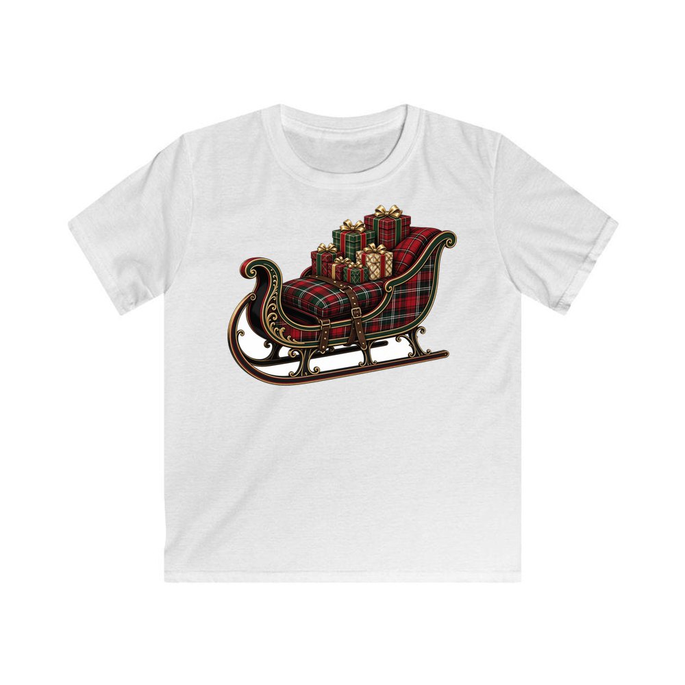 Tartan Sleigh and Gifts personalised kids Christmas tee in white