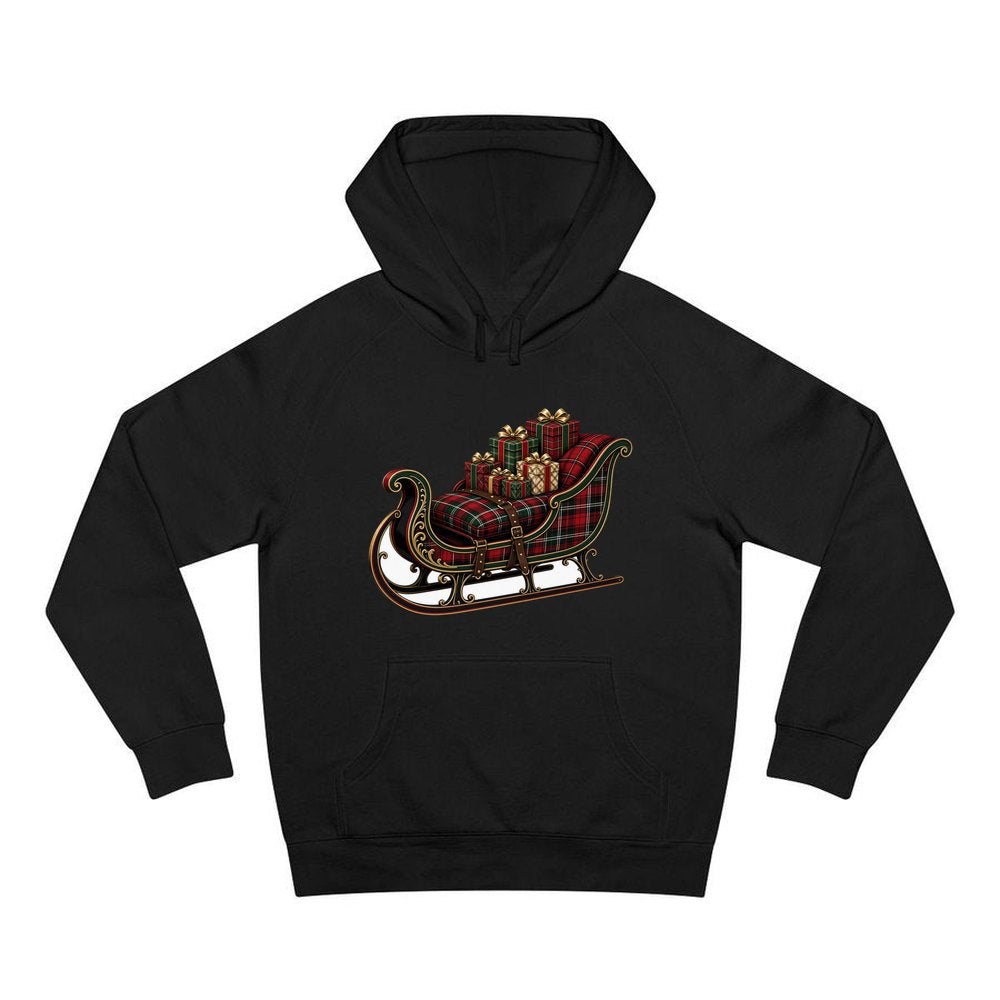 Tartan Sleigh and Gifts personalised Christmas hoodie in black