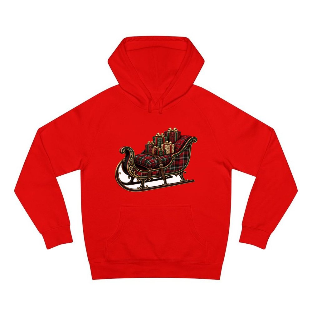 Tartan Sleigh and Gifts personalised Christmas hoodie in red