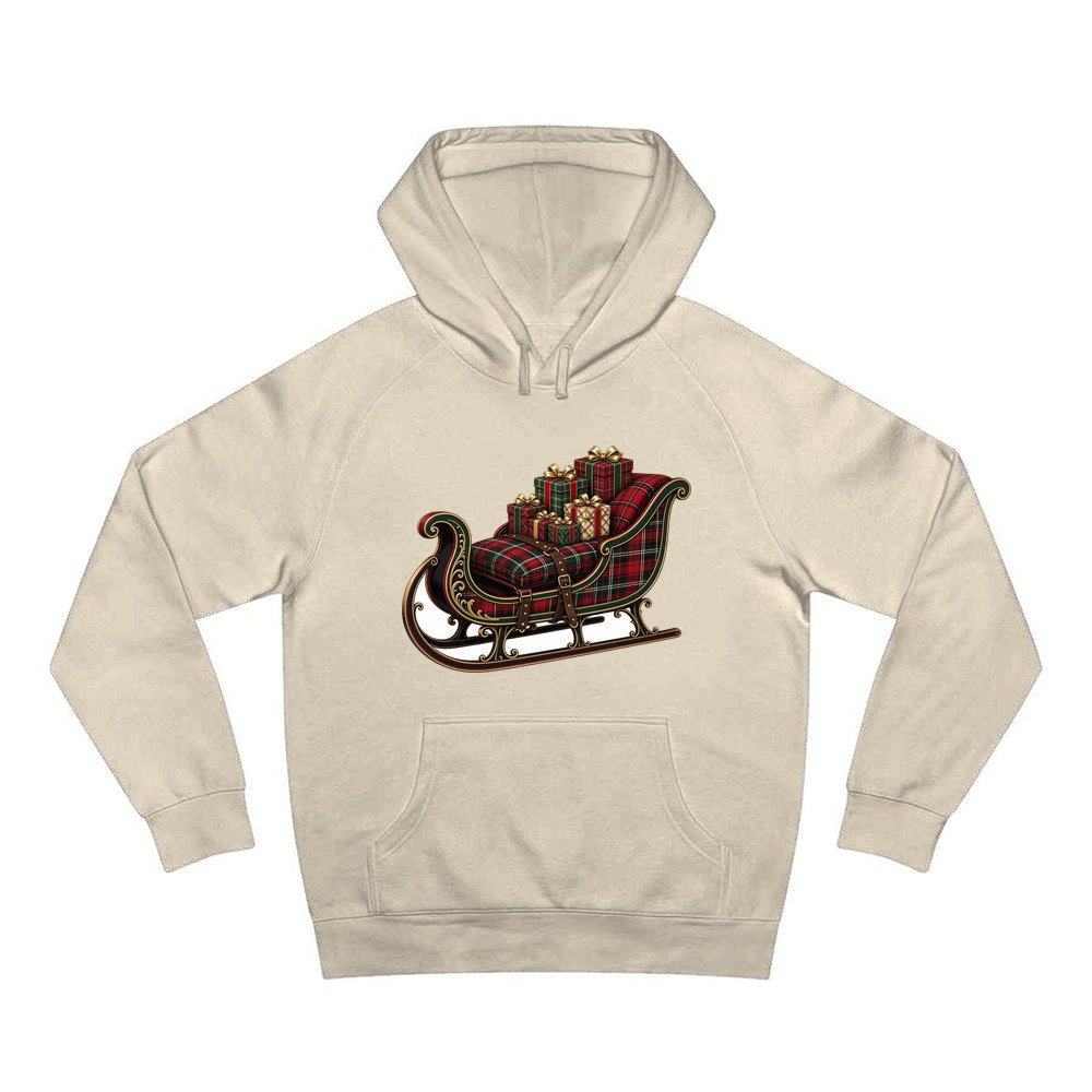 Tartan Sleigh and Gifts personalised Christmas hoodie in sand