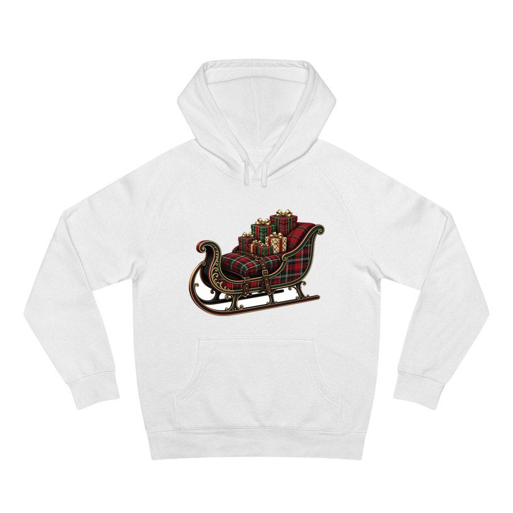 Tartan Sleigh and Gifts personalised Christmas hoodie in white