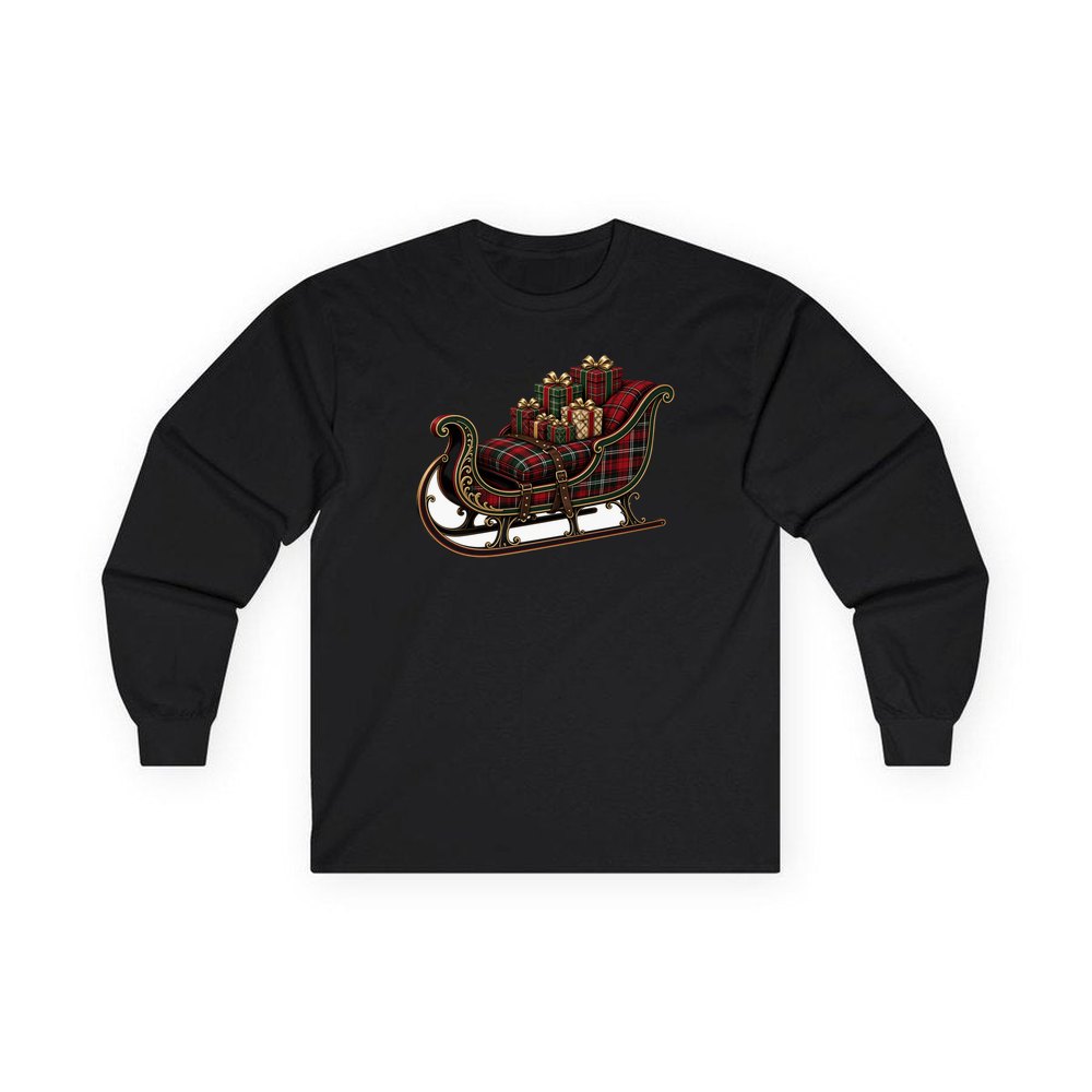 Tartan Sleigh and Gifts personalised long sleeve Christmas T-shirt in black