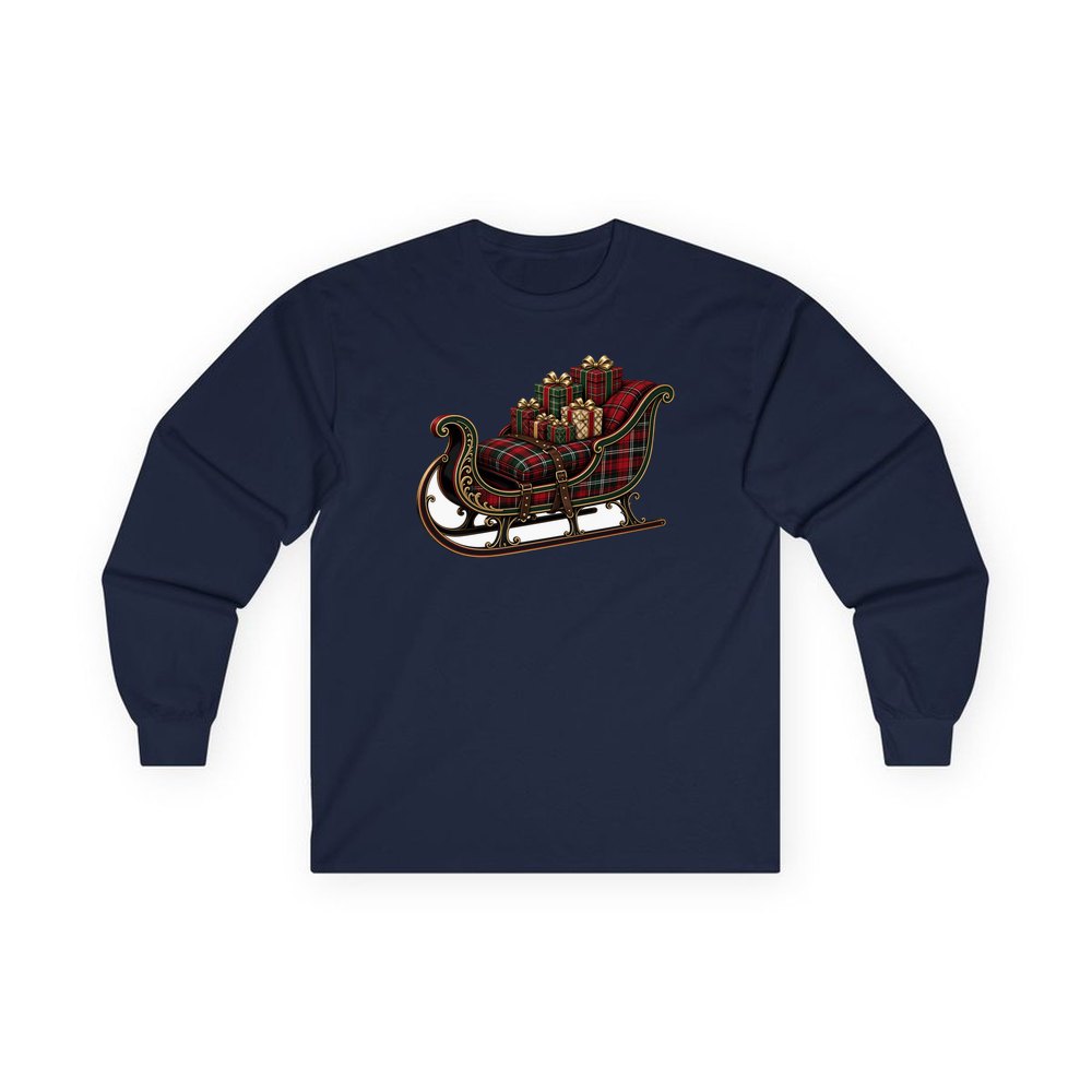 Tartan Sleigh and Gifts personalised long sleeve Christmas T-shirt in navy