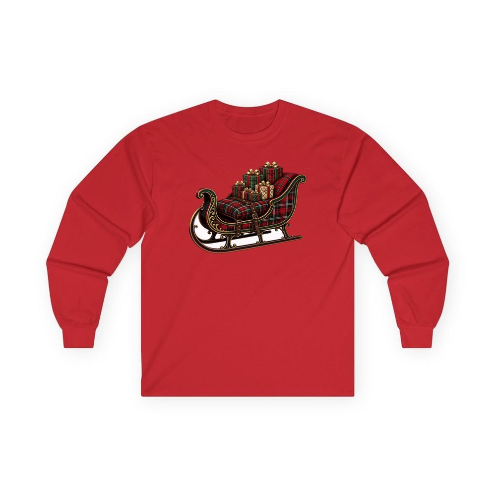 Tartan Sleigh and Gifts personalised long sleeve Christmas T-shirt in red