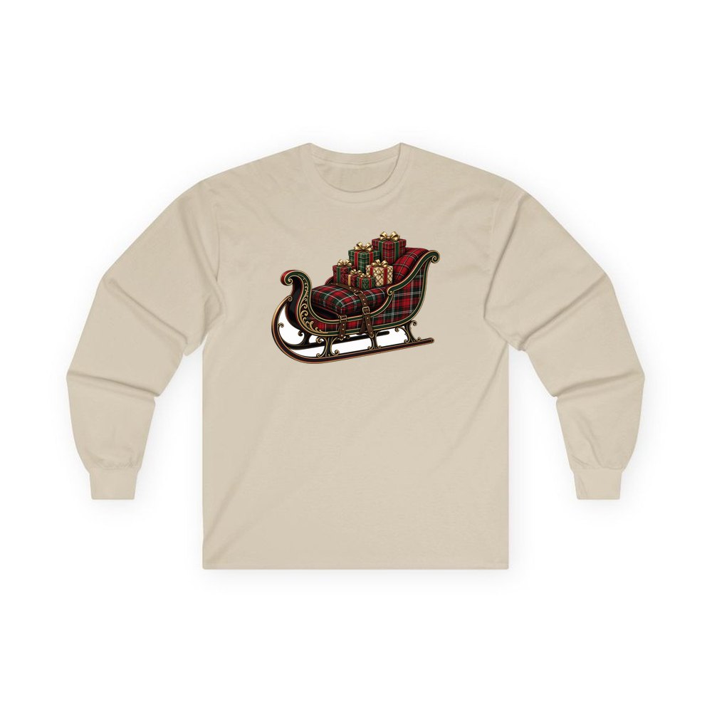 Tartan Sleigh and Gifts personalised long sleeve Christmas T-shirt in sand