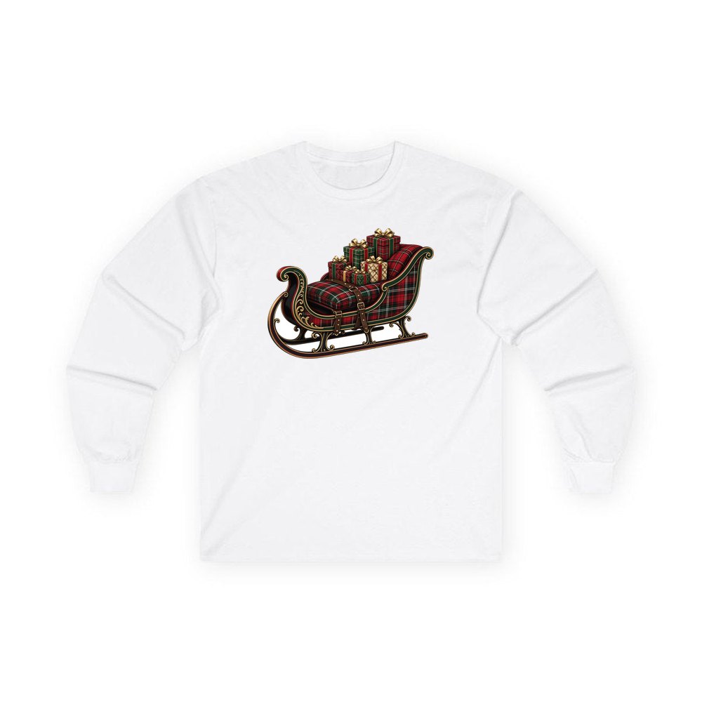 Tartan Sleigh and Gifts personalised long sleeve Christmas T-shirt in white