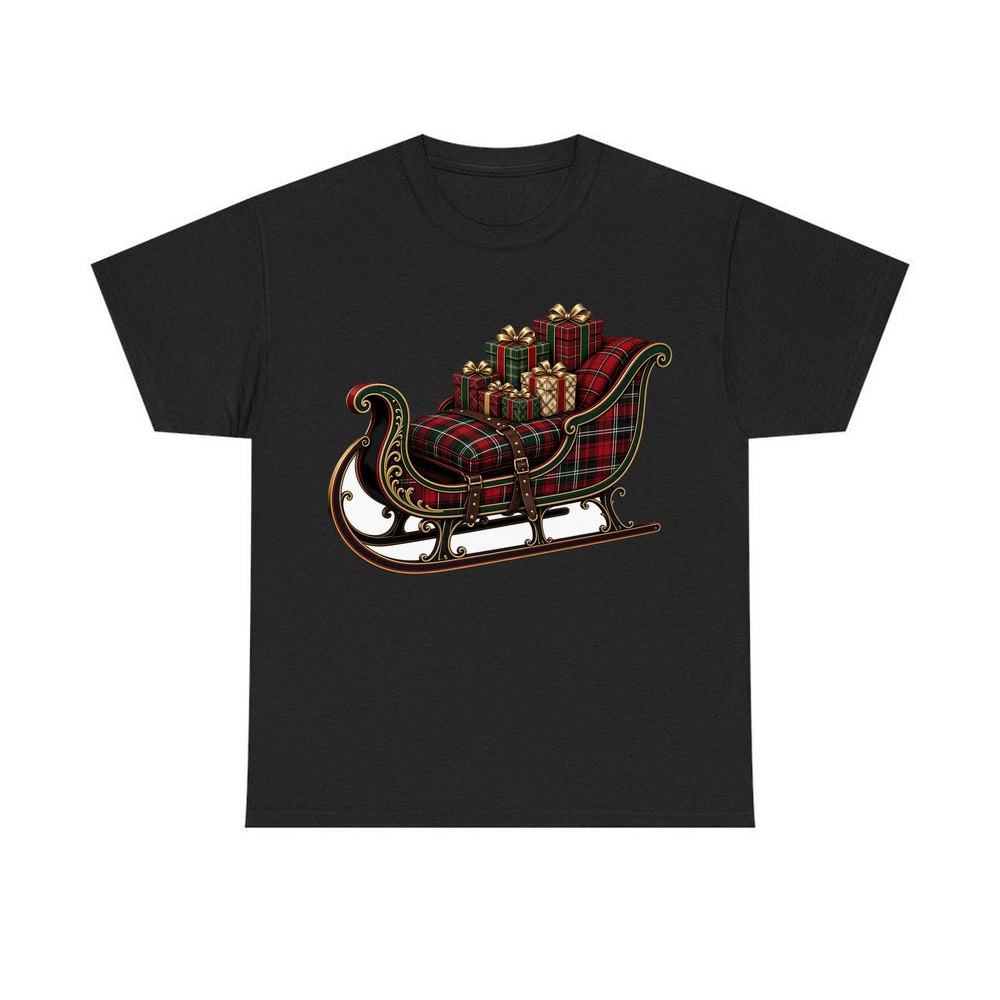 Tartan Sleigh and Gifts personalised Christmas T-shirt in black