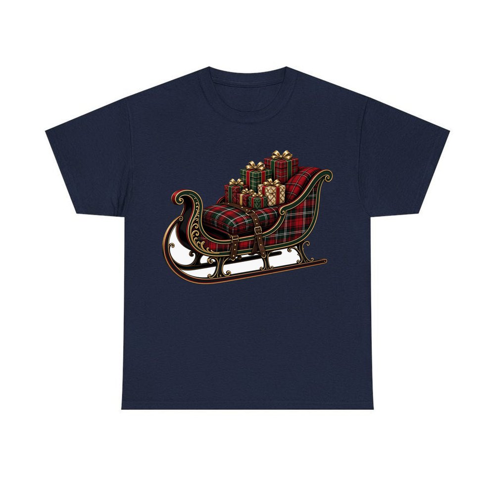 Tartan Sleigh and Gifts personalised Christmas T-shirt in navy