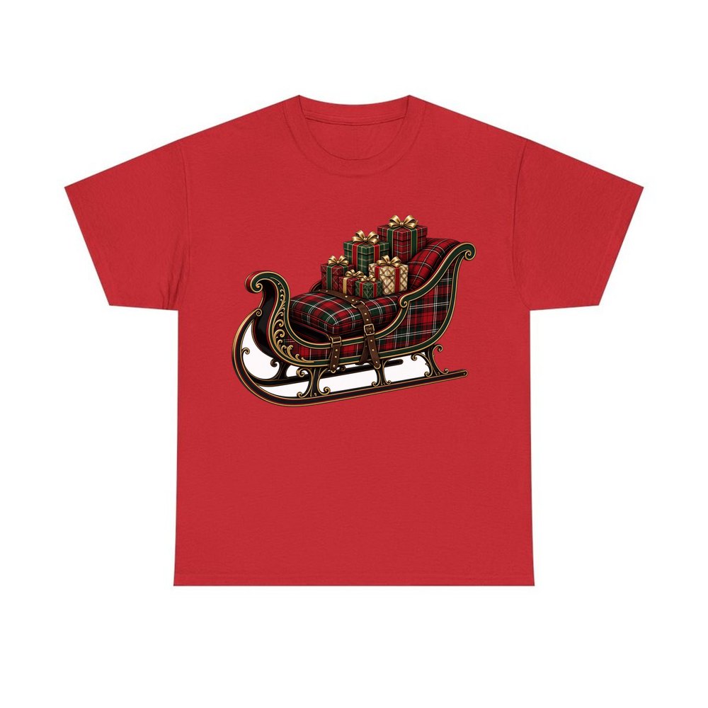 Tartan Sleigh and Gifts personalised Christmas T-shirt in red