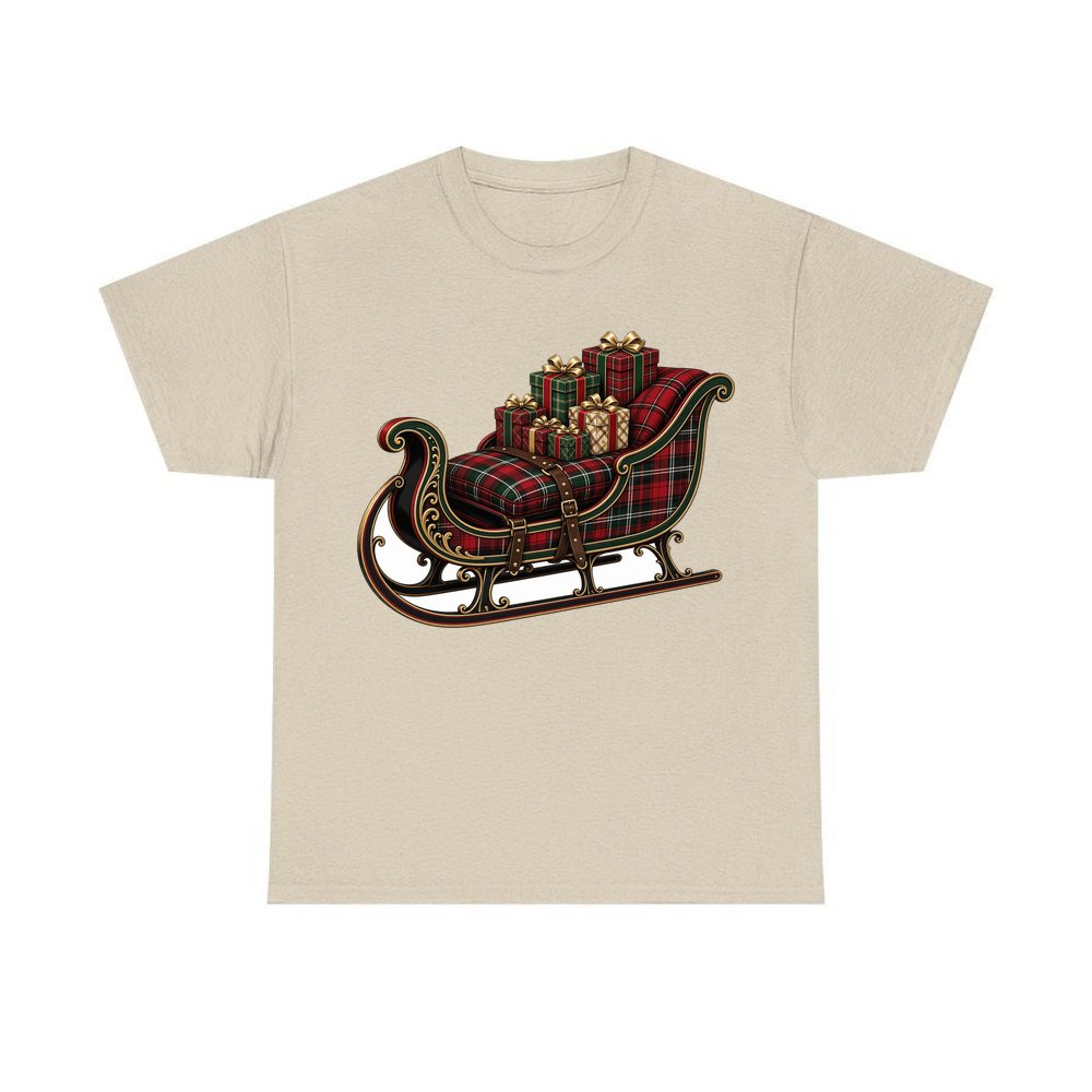 Tartan Sleigh and Gifts personalised Christmas T-shirt in sand