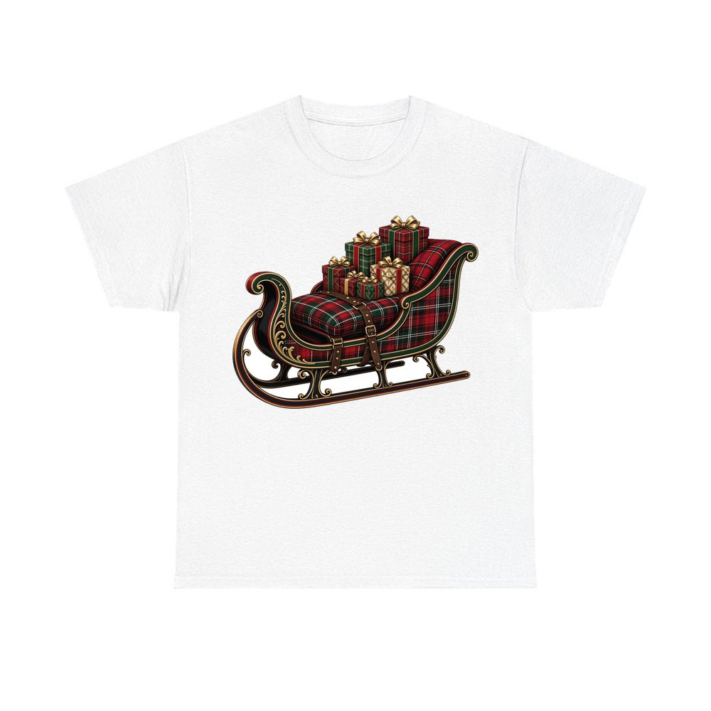 Tartan Sleigh and Gifts personalised Christmas T-shirt in white