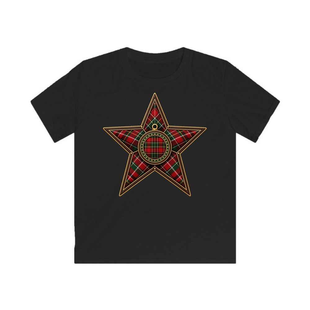 Tartan Star Ornament personalised kids Christmas tee in black