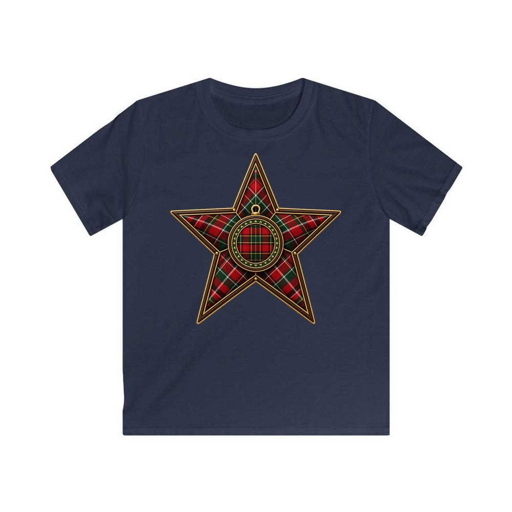 Tartan Star Ornament personalised kids Christmas tee in navy