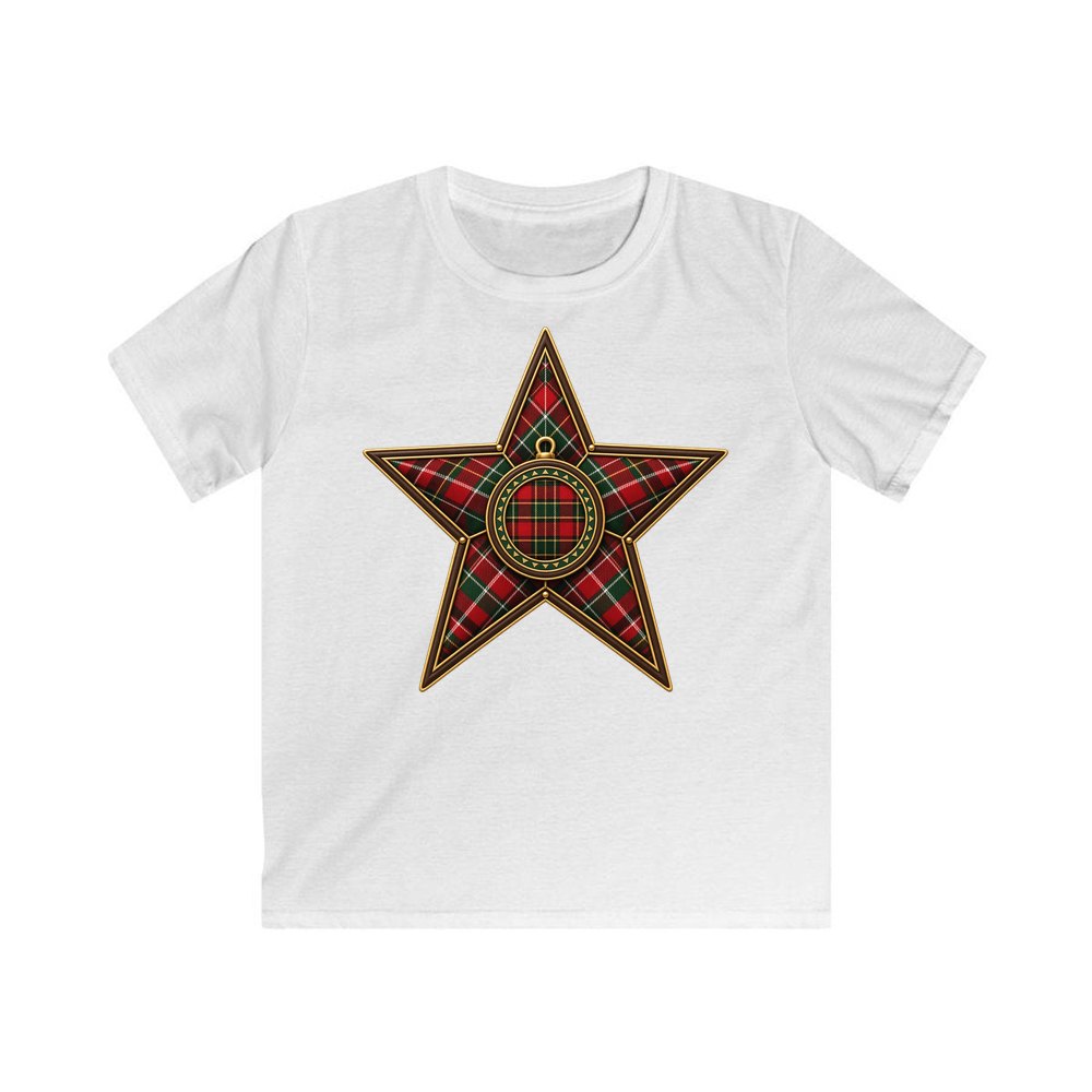 Tartan Star Ornament personalised kids Christmas tee in white